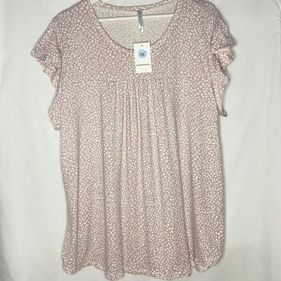 Plus Size- Ruffle Sleeve Round Neck Top- Dusty Rose with white spots - Picture 1 of 7